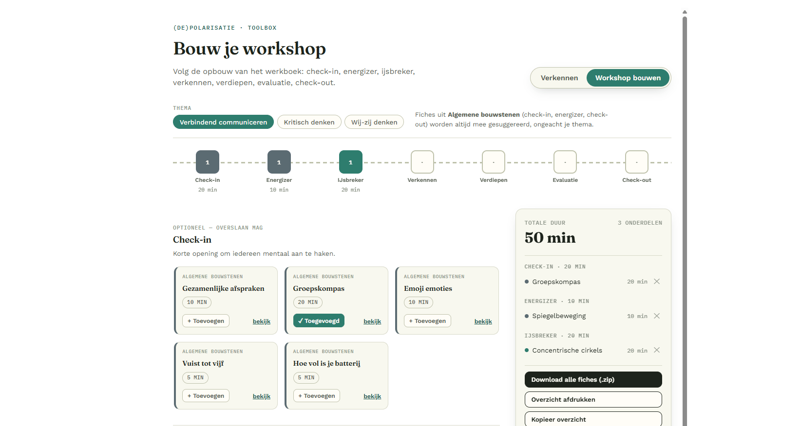 Onze toolbox is vernieuwd. Je kan nu sneller methodieken zoeken, combineren tot een workshop en de bijhorende fiches meteen downloaden